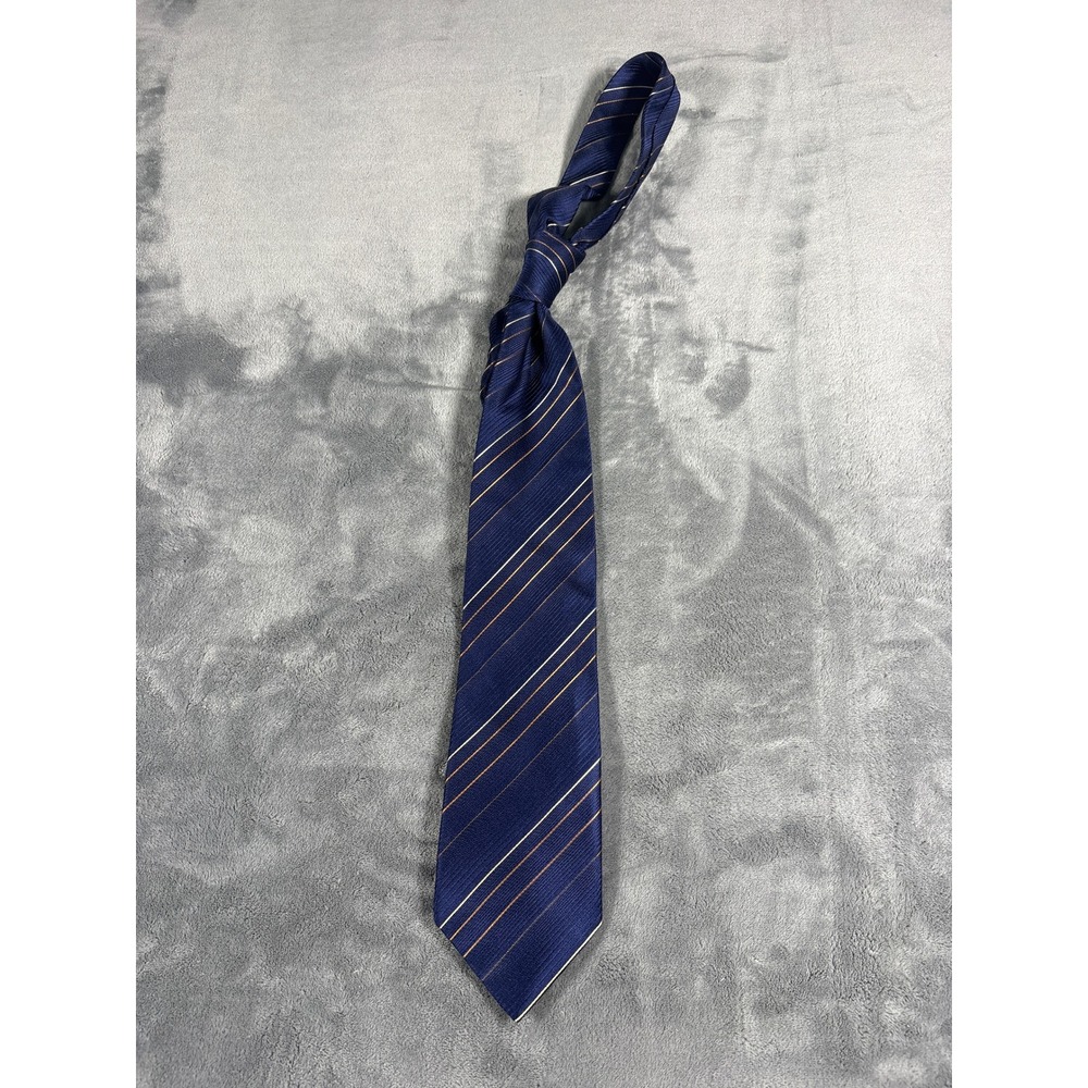 Kenneth Cole Reaction Mens Necktie One Size Navy Gold Striped 100 Silk Hand Made